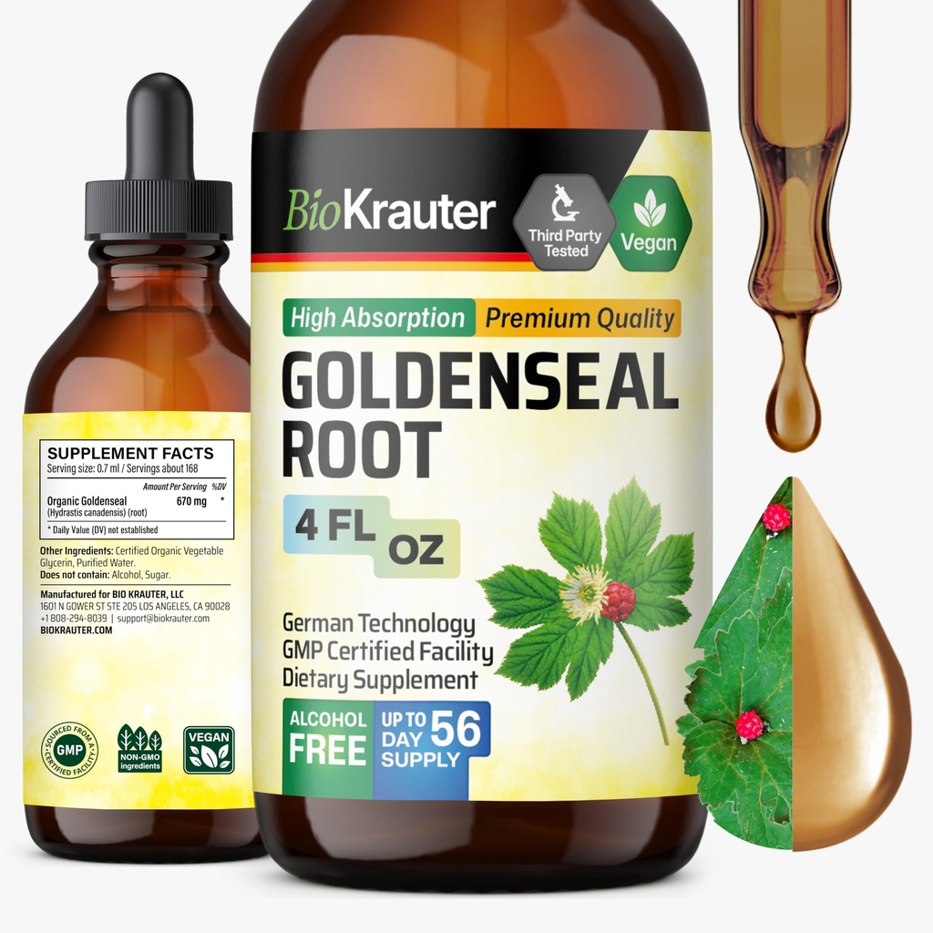 BIO KRAUTER Goldenseal Tincture - Vegan Lung Cleanse & Detox - Golden Seal Herb Supplement - Alcol & Sugar Gocce libere - 4 Fl.Oz.