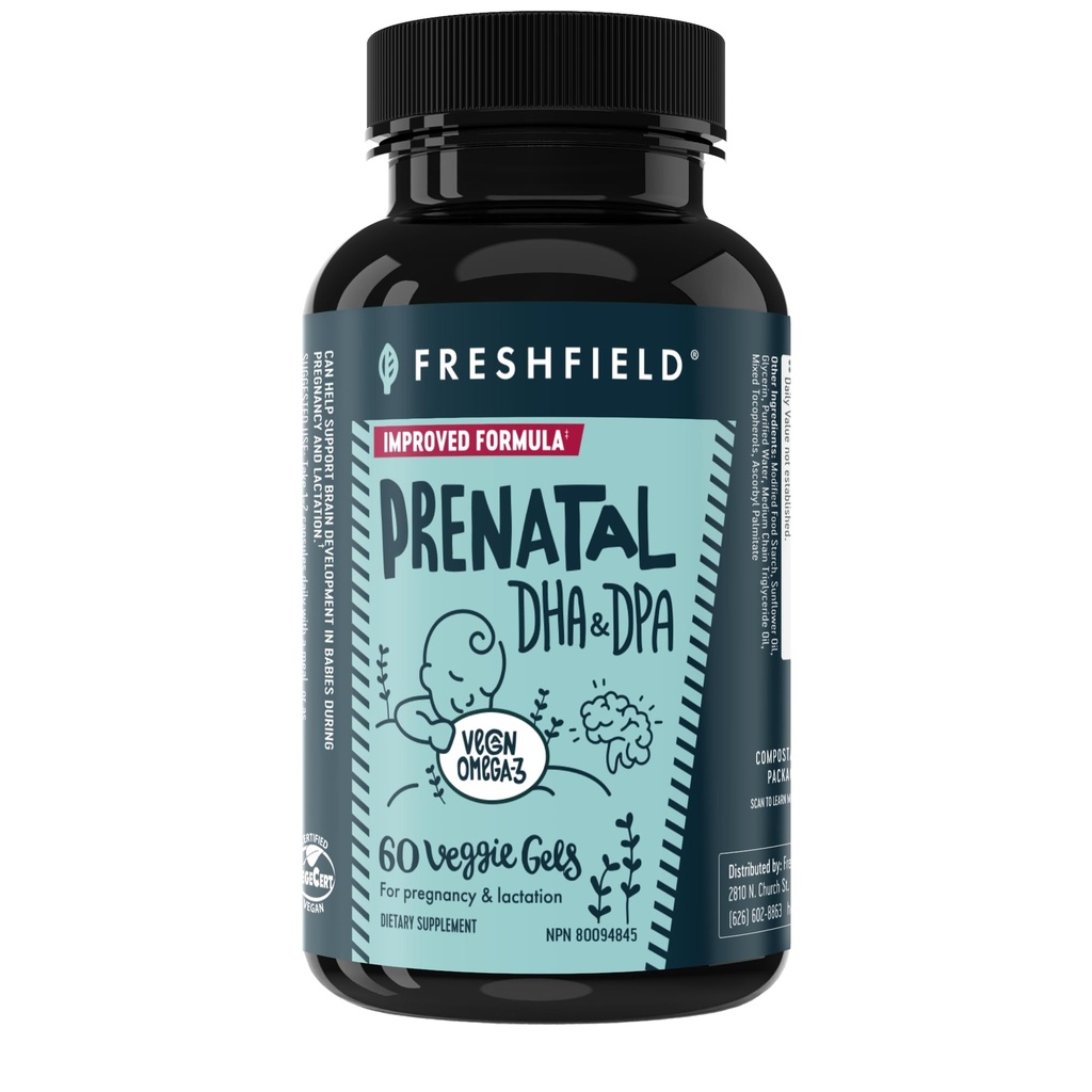 Freshfield Prenatal Vegan Omega 3 DHA: Durable, sans carrageenan, testé par une tierce partie, bouteille compostable, neutre de carbone. Soutient le coeur, le cerveau, la santé articulaire