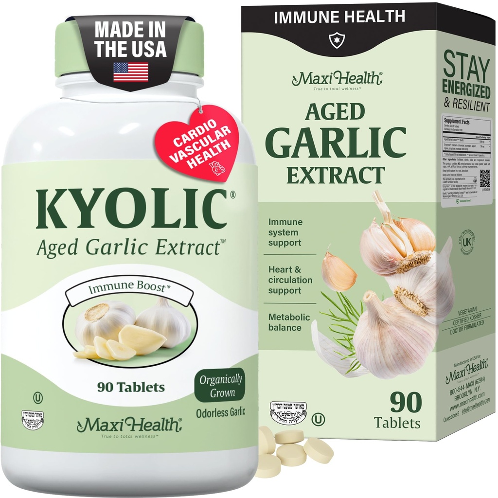 Maxi Health Kyolic Organic Knoblauch Supplement - Kosher Knoblauch Tabletten mit Kyolic Aged Knoblauch Extrakt für Immununterstützung - Vegetarische Knoblauch Pillen (90 Count)