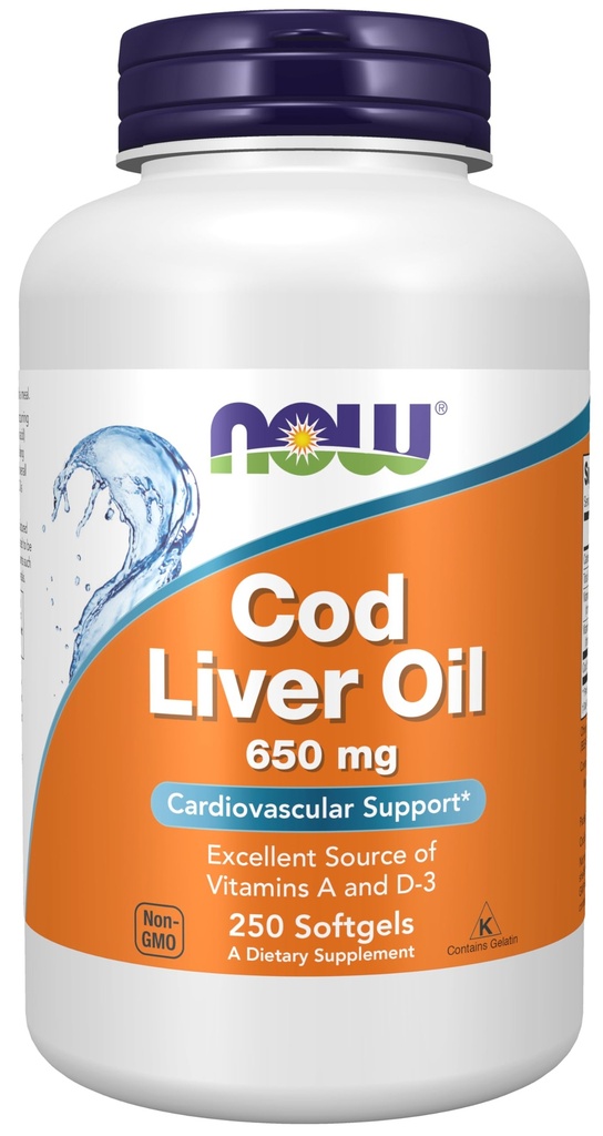 NOW Integratori alimentari, Olio di fegato di Cod 650 mg, Eccellente fonte di vitamine A e D-3, 250 Softgels