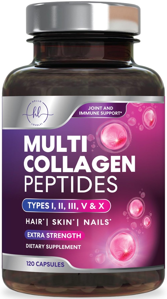 Supplemento Multi Collagen 2400 mg - Tipi I, II, III, V & X Pillole Multi Collagen Peptides per Donne & Uomini, Integratori di Collagene Idrolizzati, Capelli, Pelle, Integratore di Supporto per Unghie e Congiunto, 120 Capsule