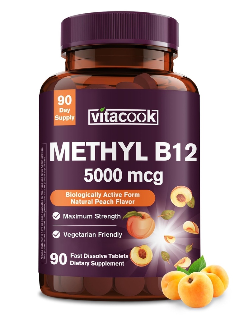 Vitamin B12 Sublingual, Methylcobalamin 5000mcg für Energieproduktion, Energie, Nerve & Cell Support, natürliche Peach Flavor, Vegan, Zero Sugar, 90 Fast Dissolve Tablets