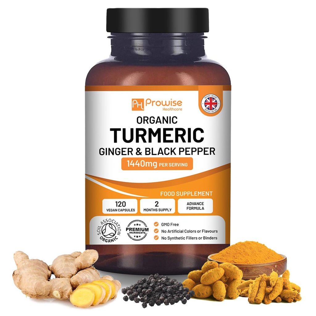 Curcumine curcuma 1440mg avec poivre noir et gingembre I 120 gélules curcuma végétalien haute résistance (2 mois d'approvisionnement) J'ai fabriqué au Royaume-Uni par Prowise Healthcare