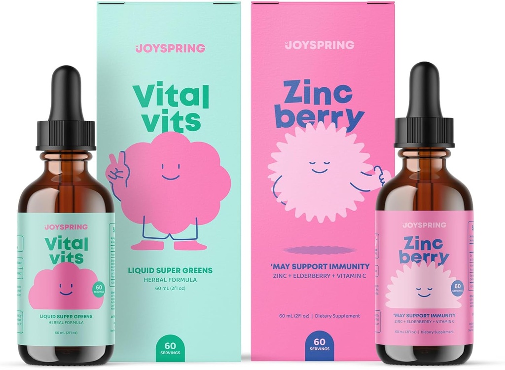 JoySpring Daily Multivitamin & ZincBerry Bundle | Vitamine per bambini naturalmente Fonte, Non OGM, Formula liquida non alcolica, Supporto per la salute | Integratori vegani e vegetariani
