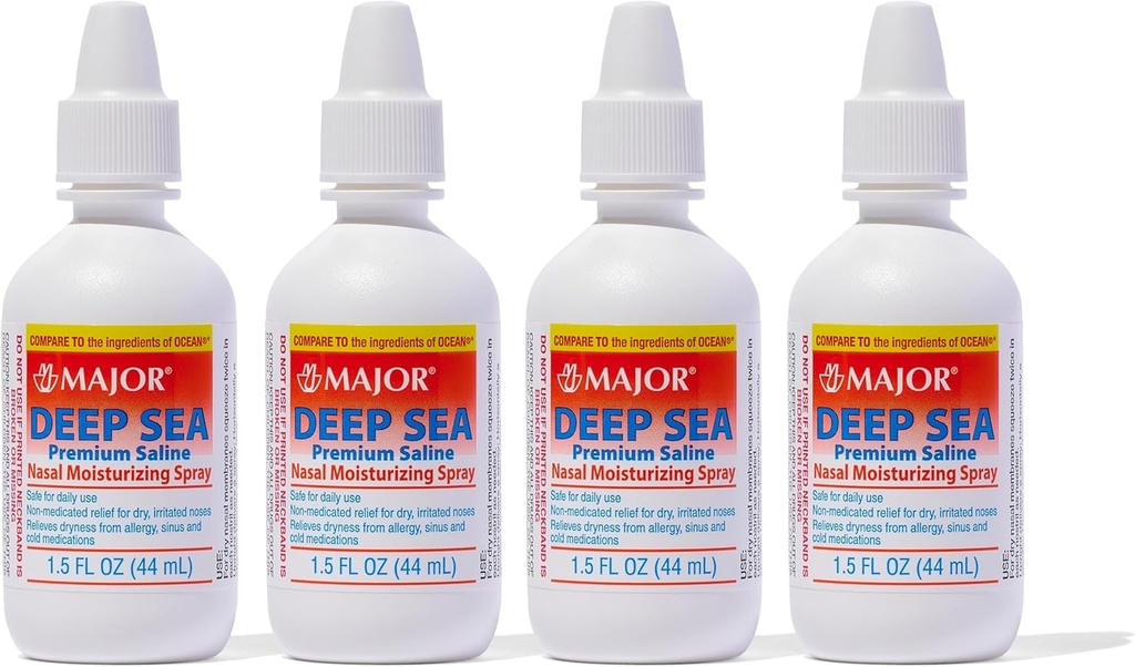 MAJOR Deep Sea Premium Saline - Spruzzo idratante nasale per l'asciugatura e l'irrigazione sollievo - Cloruro di sodio 0.65% - 1,5 Fl Oz (4 Pack)