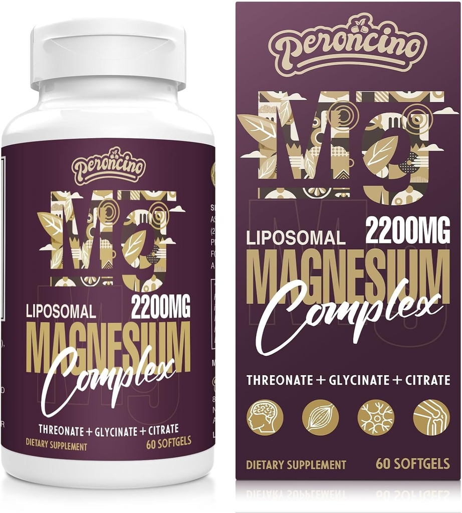 Complexe de magnésium liposomique 2200MG Softgels,Thréonate de magnésium, Glycinat de magnésium, Citrate de magnésium, Supplément trois en un, sans gluten, 60 Softgels