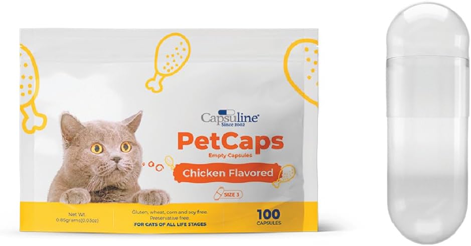 Capsuline PetCaps Größe 3 Leere Gelatine Kapseln für Katzen aller Lebensstufen, Huhn Flavored - 100 Count| Hides Medizin Geschmack & Scent | Glutenfrei, Kosher, Non-GMO zertifiziert | Pure Bovine Pill Caps