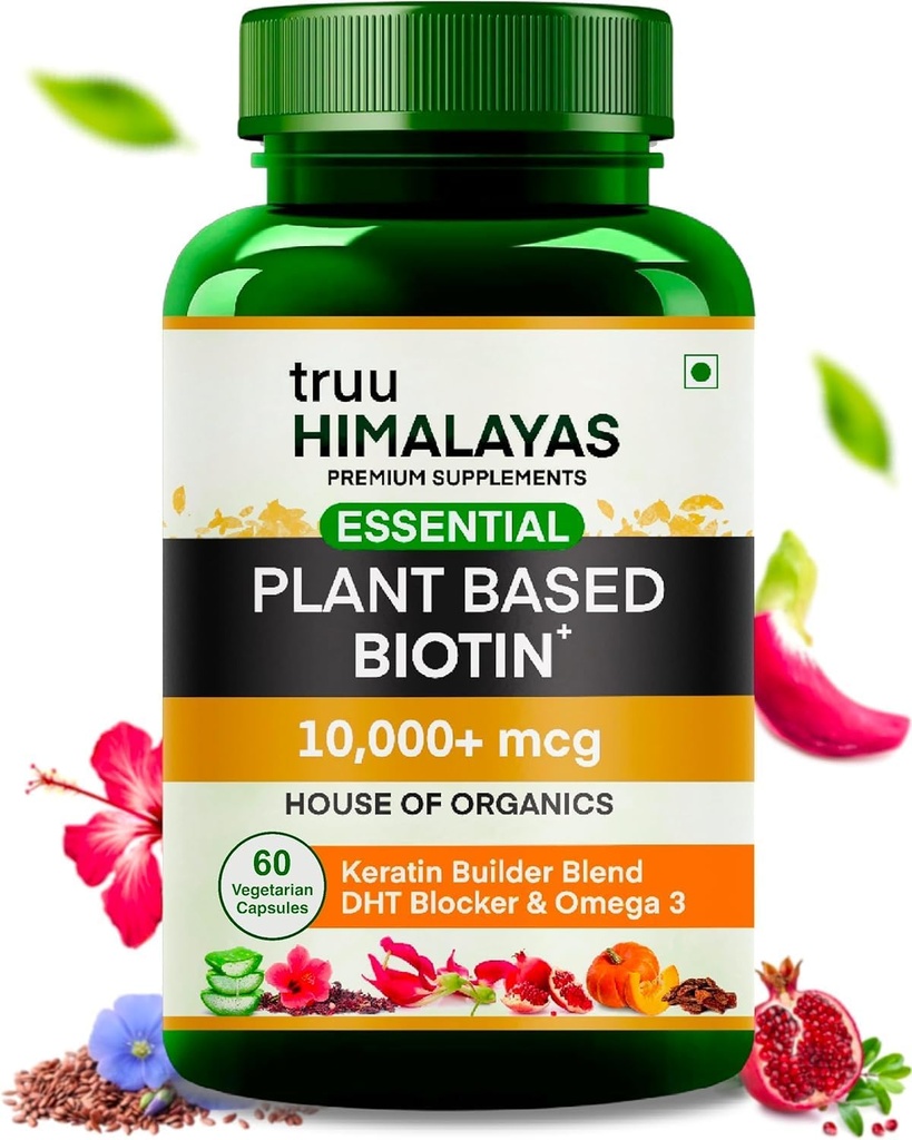 Biotine à base végétale 10000mcg pour la croissance des cheveux avec DHT Blocker, Keratin & Omega 3 Vitals supplémentaires pour les hommes et les femmes - Nutriments ayurvédiques pour la santé des cheveux chute, peau et ongles - 60 Capsules