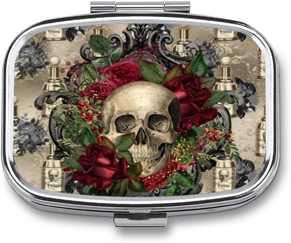 Metal 2 Compartiment Pill Organizer Travel Friendly Portable Compact Pill Box Cute Pill Case pour tenir les vitamines, huile de poisson, suppléments, médicaments, tablette pour la purée, poche. (Crâne)