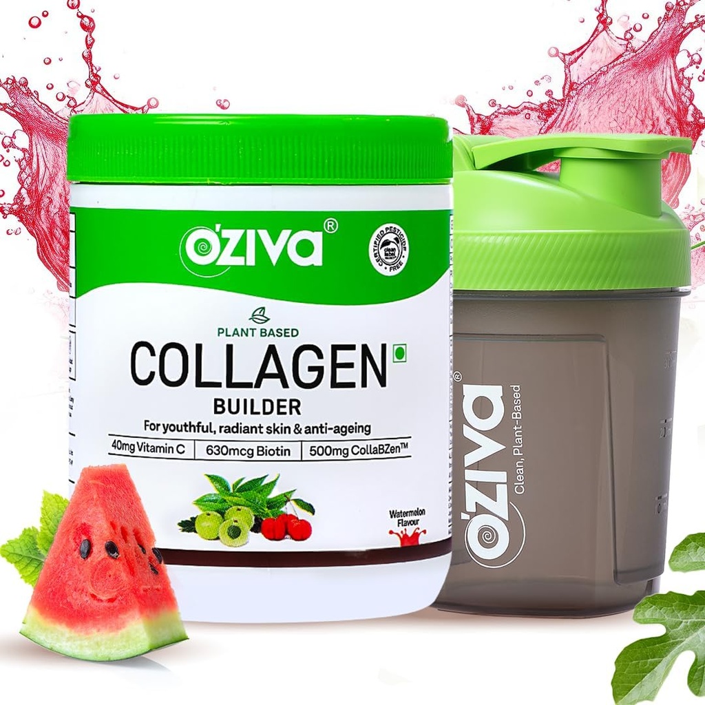 OZiva Vegan Collagen (Watermelon) mit Biotin & Vitamin C Für hellere und jugendliche Haut | Collagen Supplement für Frauen & Männer | Pflanzenbasiertes Pulver | Zertifiziert Vegan 125g + Shaker