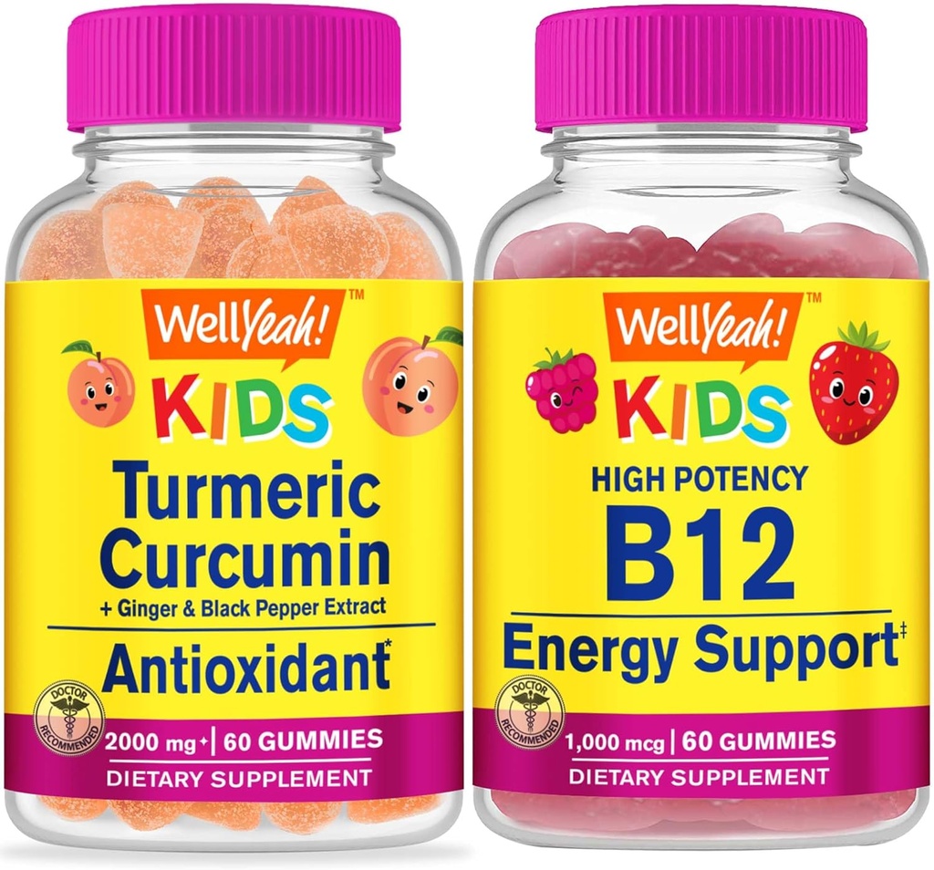 Well ja Kurkuma Kinder + Vitamin B12 Kinder, Gummis Bundle - Große Verkostung, Vitamin-Ergänzung, Glutenfrei, GMO frei, Kaugummi