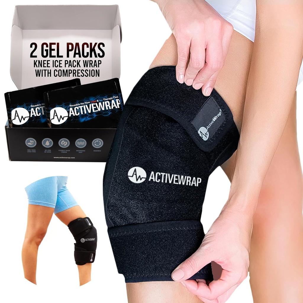 ActiveWrap - Ginocchiera Ice Pack con compressione, 2 Gel Riscaldamento & Cold Pack riutilizzabili per il dolore al ginocchio, Gambe & Shin Splints. Impermeabile a freddo flessibile per il controllo delle lesioni e del gonfiore & supporto comune - Una dimensione si adatta alla maggior parte