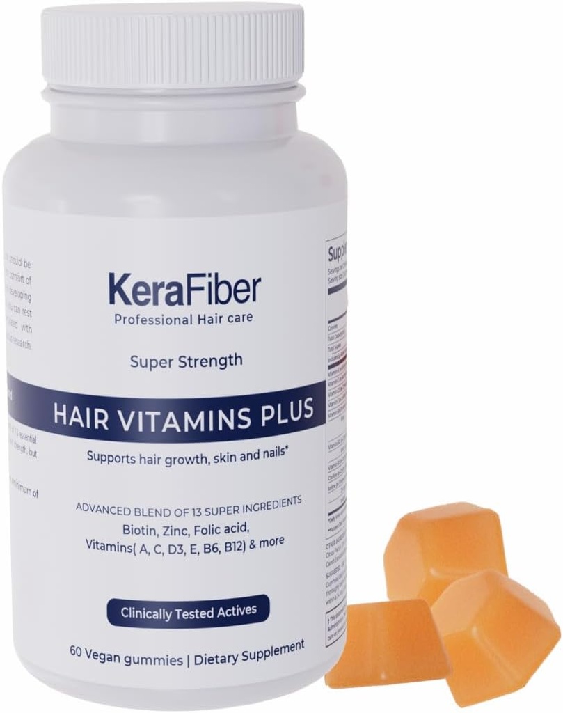KeraFiber Vitamines capillaires professionnelles Plus Gommies - Suppléments de croissance capillaire Biotine - Vitamines capillaires véganes au zinc, Vitamines A, C, D, E, B6, B12 - Soutient la croissance capillaire, la peau et les ongles - 60 Compte