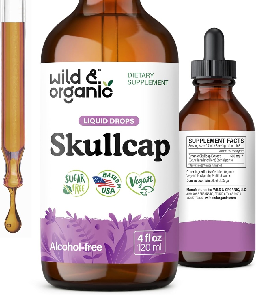 Wild & Organic Skullcap Herb Tincture - Skullcap Supplemento per Mood Support - Rilassante Liquid Extract Drops - Vegan, Sugar & Alcohol-Free - 4 fl oz