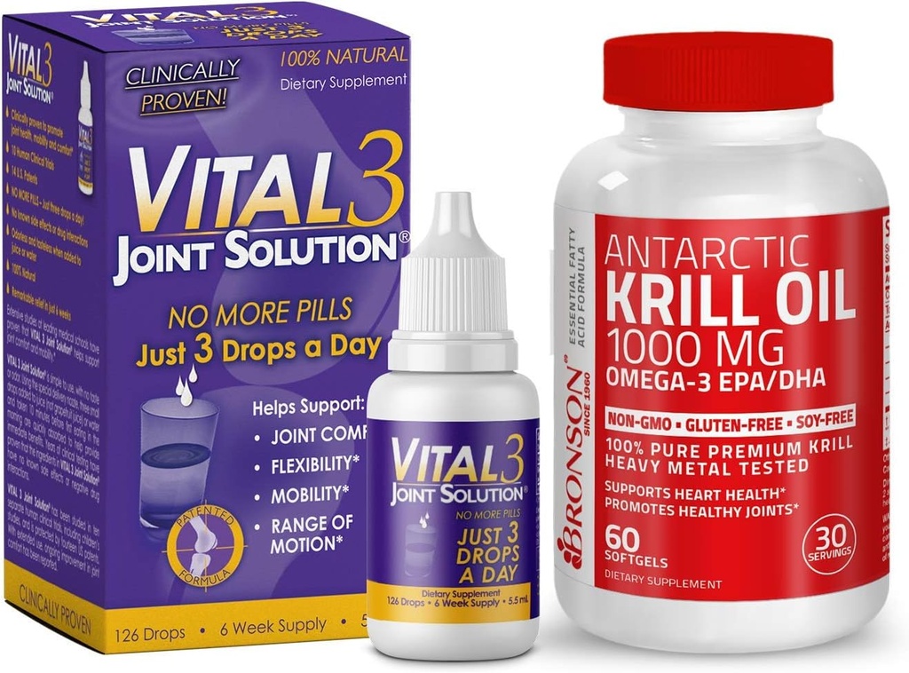 Solution articulaire Vital 3® Relief du genou liquide prouvé cliniquement + Bronson Antarctic Krill Oil 1000 mg avec Omega-3s EPA, DHA