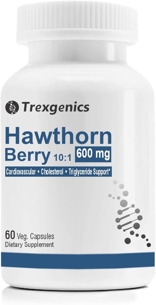 Trexgenics Hawthorn Berry 600 mg Cardiovascolare, Colesterolo, trigliceridi, Supporto per la pressione sanguigna Vegan & Non OGM (60 capsule di Veg.) (Pack of 1)