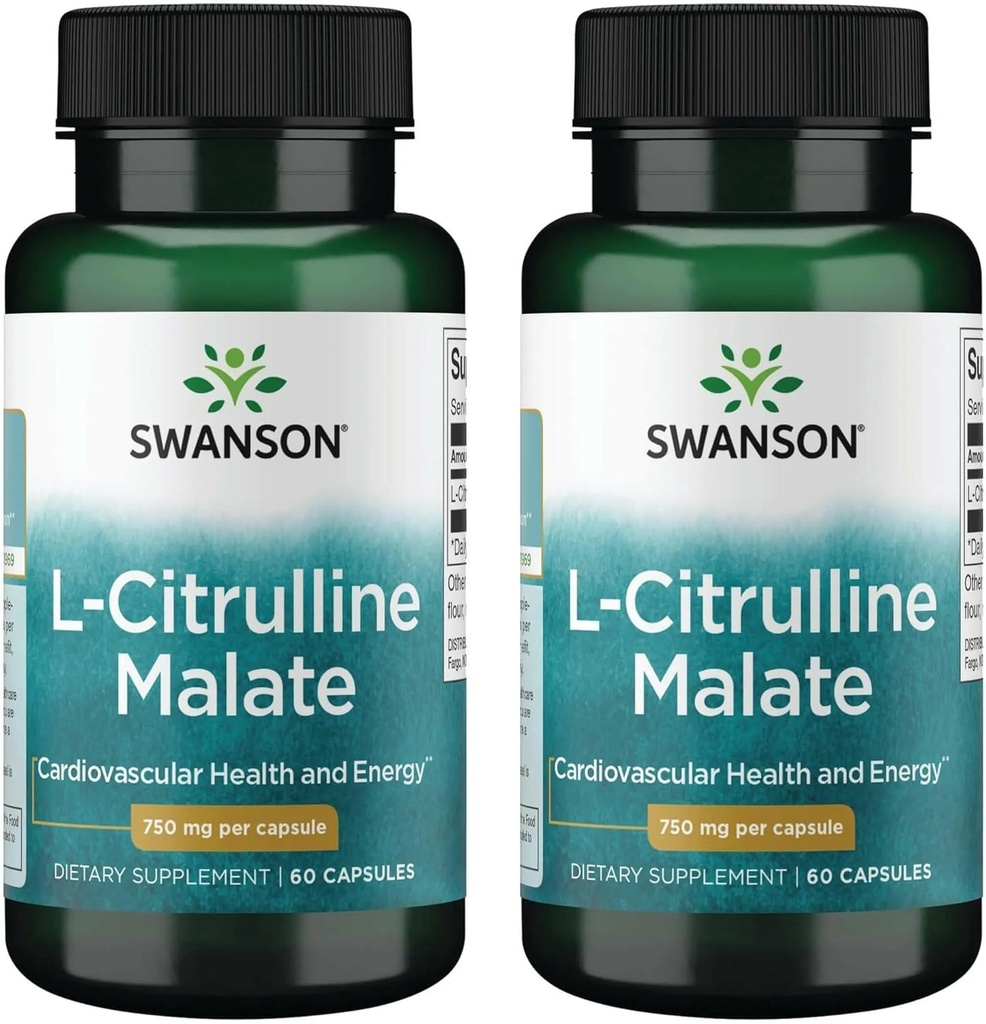 Malate de L-Citrulline de Swanson - Supplément acide amino favorisant la production d'énergie et la circulation sanguine saine - Formule naturelle appuyant le bien-être général - (60 capsules, 750mg chacune) (2 boîtes)