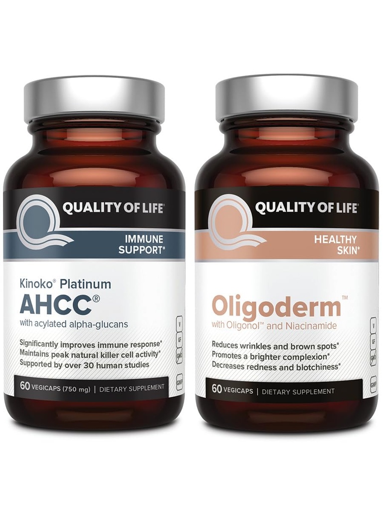 Quality of Life Featuring Kinoko Platinum AHCC Mushroom Extract and Oligoderm with Oligonol Lychee Extract - Immune Support Skin Health Bundle