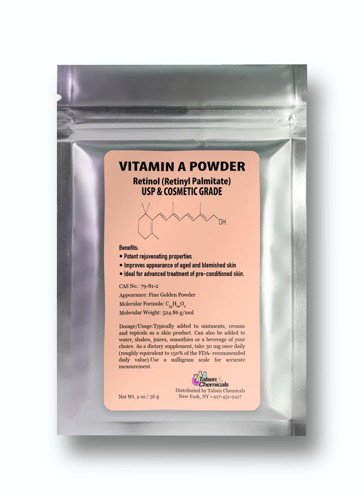 Vitamin A Pulver Retinyl Palmitate, reines Retinol pulverisiertes Vitamin Wasser lösliches Vitamin A USP & Cosmetic Grad (2 oz / 56 Gramm)