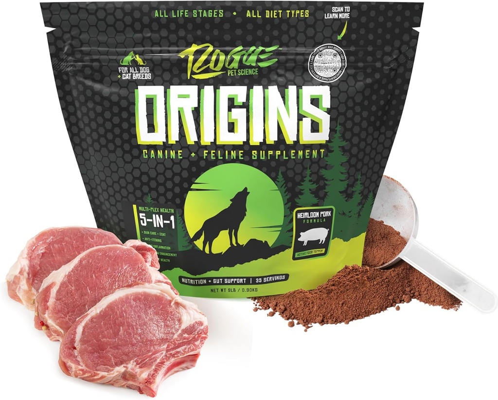 ROGUE PET SCIENCE Origines Supplément de chien 5-en-1 - Topper alimentaire en poudre avec/Protéine de porc naturel Heirloom- soutient la digestion saine, la peau et le manteau - aide à réduire les démangeaisons et l'inflammation articulaire (2 lbs)