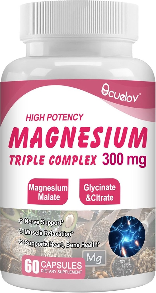 Triple Magnesium Complex Supplement, 300mg Magnesium (Glycinate, Malate & Citrate) Komplex für Muskeln, Nerven, Knochen & Energie | Vegan, Non-GMO | 60 Kapseln