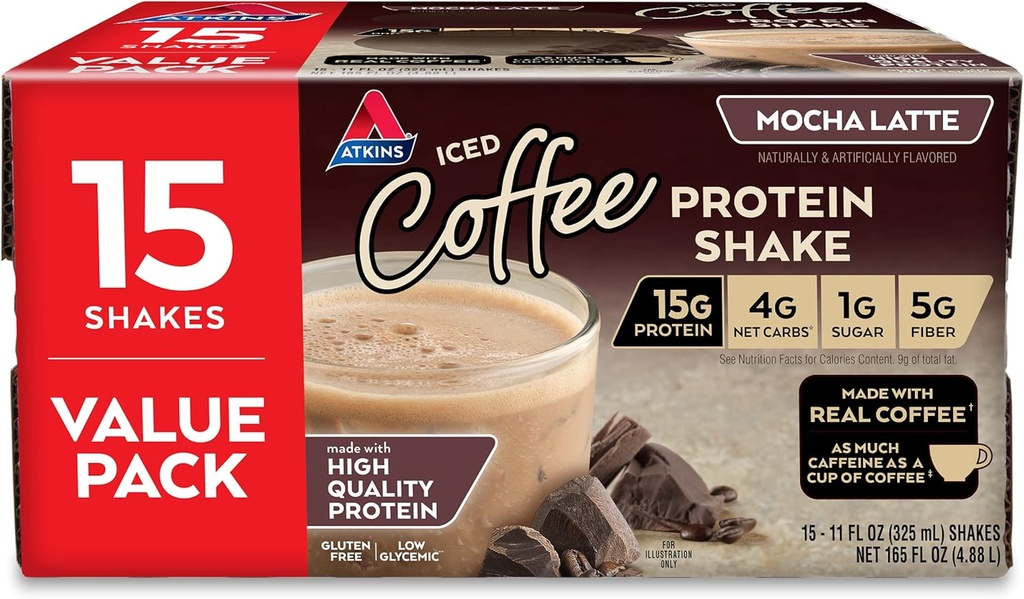 Atkins Gluten Free Protein-Rich Shake, Mocha Latte, Keto Friendly, 15 Conte