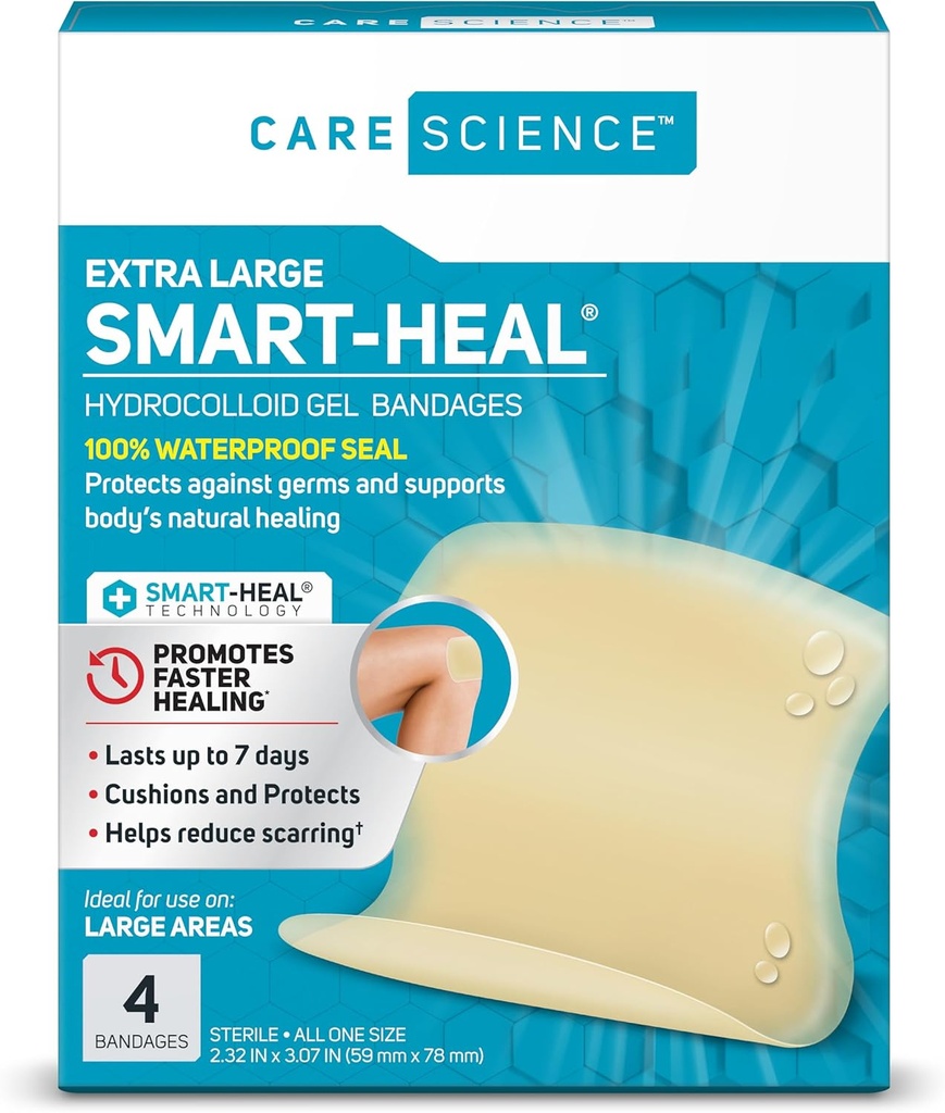 Scienza della cura Idrocolloide intelligente del tallone, grande, 2,3 in x 3 in, 4CT | 100% impermeabilizzante promuove la guarigione, riduce la cicatrici