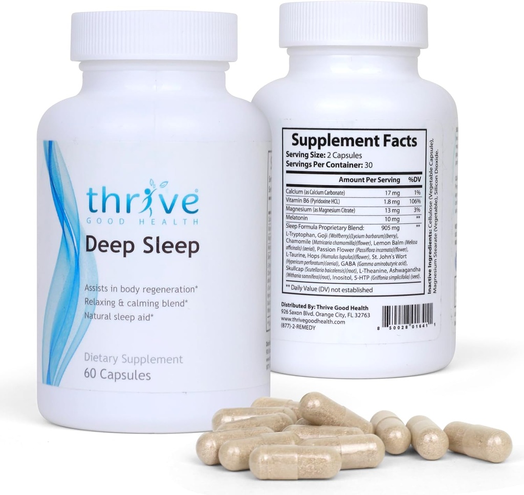 Buon sonno profondo - Supplemento di sonno con Carbonato di calcio, Vitamina B6, Magnesio - Formula di aiuto al sonno con Melatonina, L-Tryptophan, 5-HTP, Inositol, Estratto di piante naturali - 60 capsule vegetali