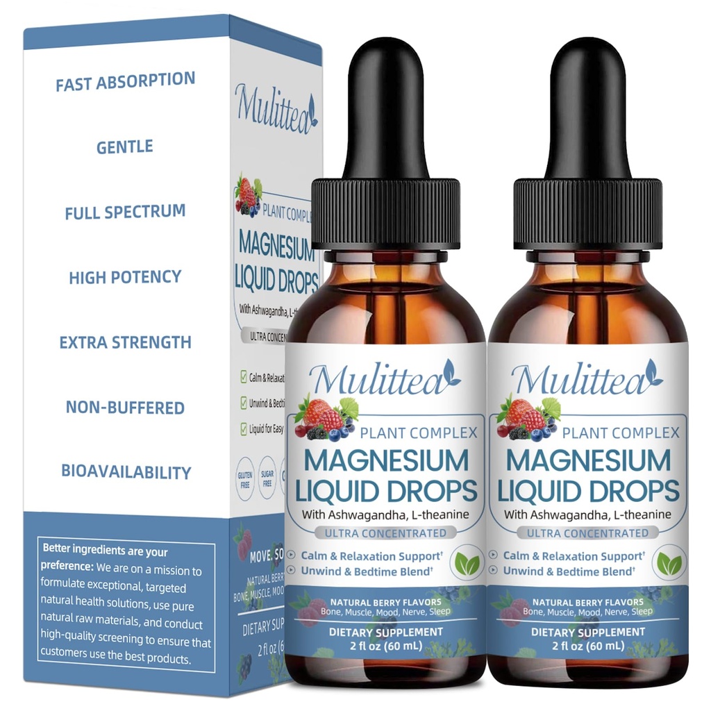Drop liquide de Glycinat de magnésium - Supplément triple absorption pour soutenir les nerfs, la nuit, le cœur, les muscles Métabolisme* -Sans sucre avec potassium, L-thénine, Moss de mer Vitamine B,C,D3, K2-2