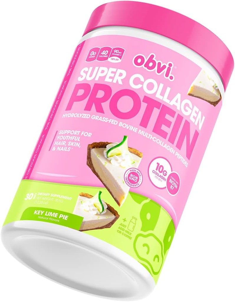 Obvi Collagen Peptides Protein Powder | Supporta la salute del fegato, i capelli sani, la pelle, le unghie con la biotina e le vitamine | L'erba idrolizzata-Fed Bovine | No Sugar, senza glutine | 30 Servings, Key Lime
