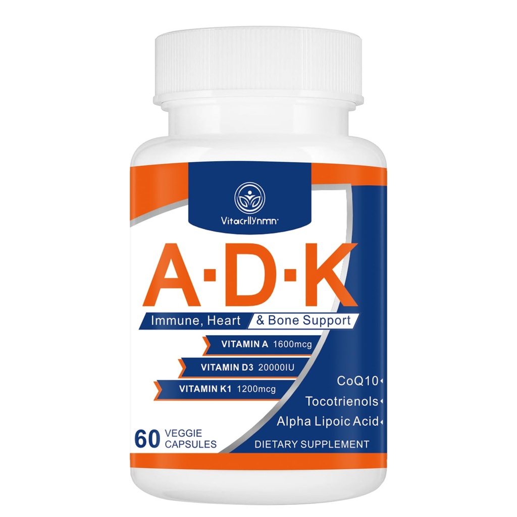 ADK Vitamin Supplement 20000 IU - Hohe Potenz Vitamine A, D3 und K1 für Herz, Knochengesundheit und Immununterstützung Vitamin ADK 60 Kapseln