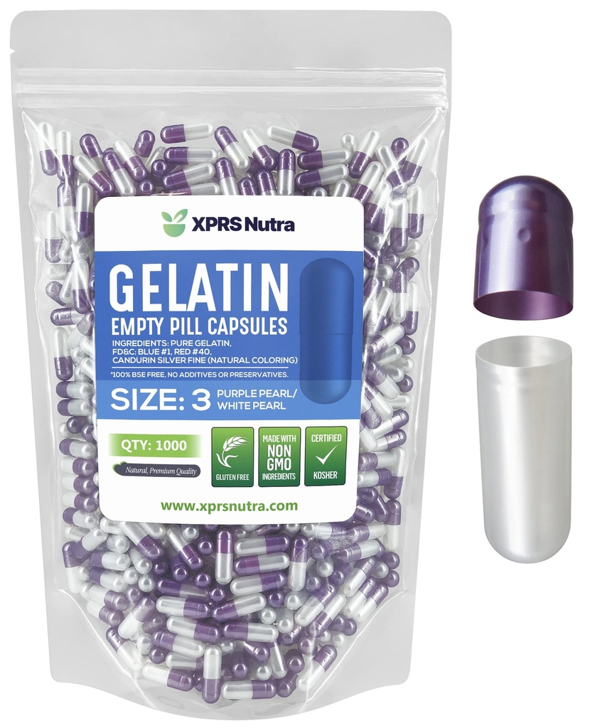XPRS Nutra Taille 3 Capsules vides - 1000 Compte Capsules de gélatine vides - Pills Bricolage Capsule Remplissage - Gel de Pure Bovine Pill Caps rempli pour Do-It-Youlf Vitamines et Suppléments (Pearl Purple/White)