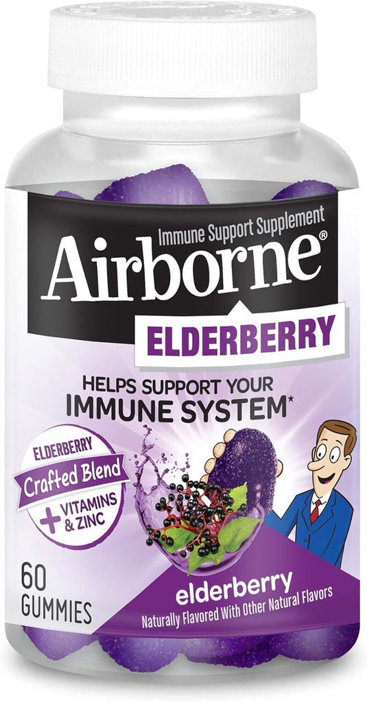 Airborne Elderberry + Zinco & Vitamina C Gummies per Adulti, Supporto Immune Vitamina D & Zinc Gummies con Potenti Antiossidanti Vitamine C D & E - 60 Gummies, Sapore di Mirtillo