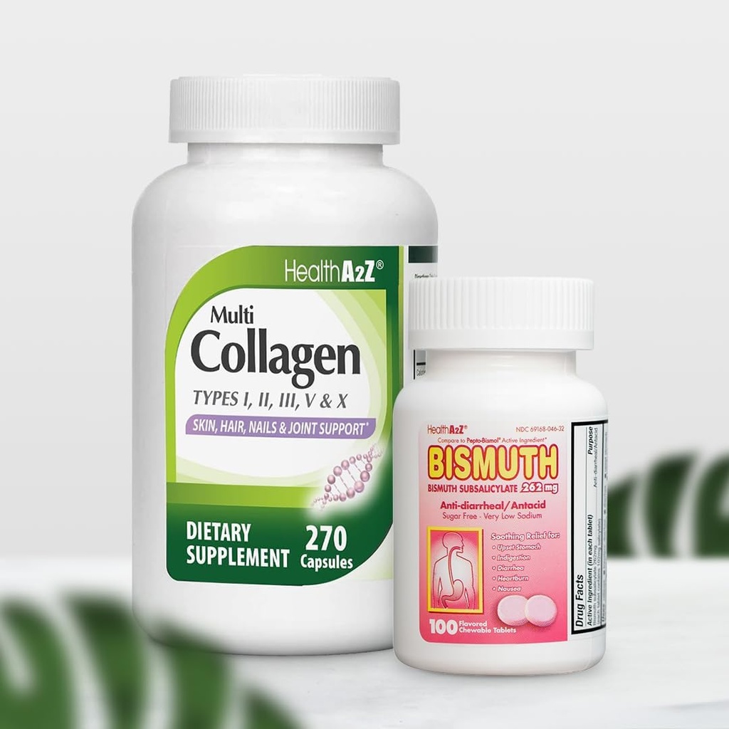 HealthA2Z® Mega Savings Bundle - Bismuth Subsalicylate 262mg (100 compresse) & Pillole Multi Collagen, 1735 mg (270 capsule di collagene)