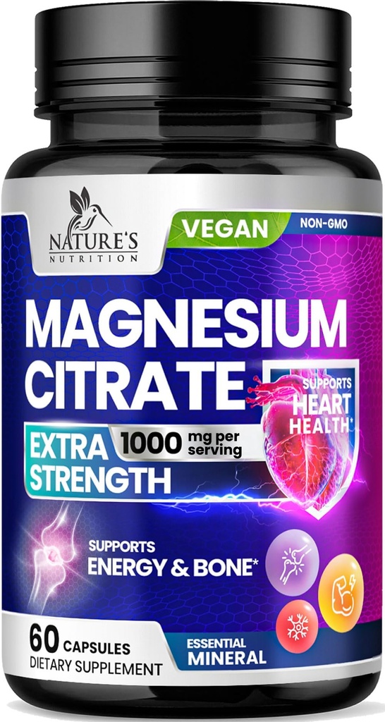 Magnesio Citrato Supplemento pillole 1000mg - 3X Forza Integratori di Magnesio per Bone, Muscolo, Cuore, Sostegno di sonno della natura per gli uomini e le donne, Vegan Mag Mineral, Non OGM, Bottigliato negli Stati Uniti, 60 Capsule