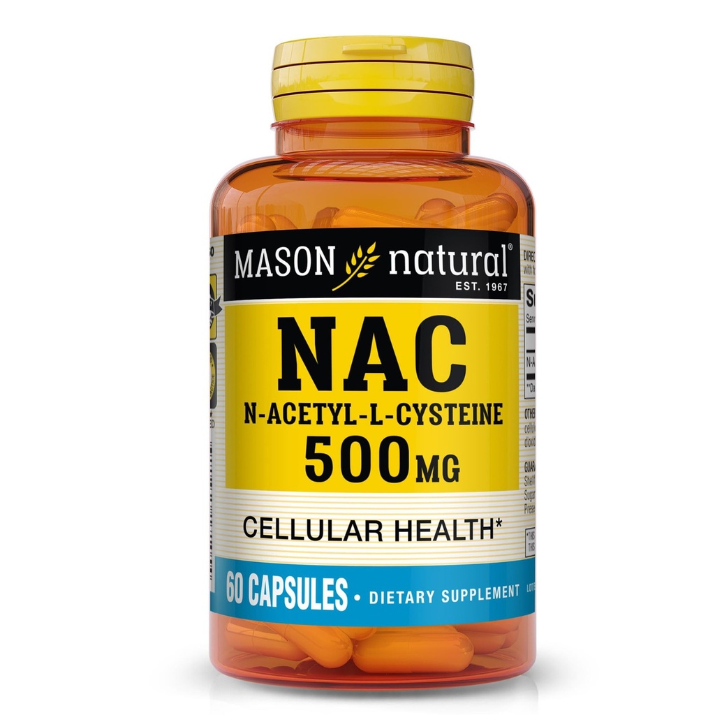 MASON NATURAL NAC N,Acetyl,L,Cystein 500 mg, 2 Monate Versorgung, Unterstützt normale zelluläre Gesundheit, Immunsystem Booster für allgemeine Wellness, 60 Kapseln