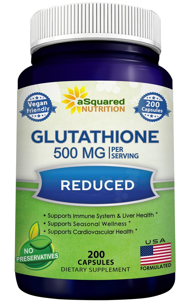 aSquared Nutrition Ridotto Glutathione 500mg Per Serving Supplement -200 Capsule -L-Glutathione Antiossidante per Supportare la Salute del fegato & Detox - Pillole di polvere di massima resistenza per aiutare Immune & Funzione del cervello