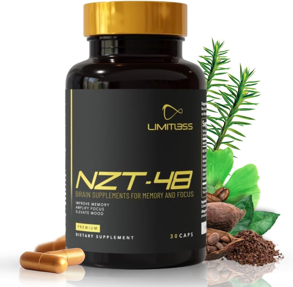 NZT-48 Booster del cervello | Integratori del cervello nootropici per la memoria e messa a fuoco | Supplemento di energia naturale premium con caffeina, fosfatidilserina, vitamine B6 & B12, Ashwagandha | 60 Servings