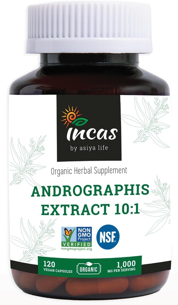 Incas Andrographis Capsules Max Andrographides - 1.000 mg Dimensione di servizio (120 capsule) - Studi clinici per la salute del sistema immunitario & non OGM Verificato da NSF