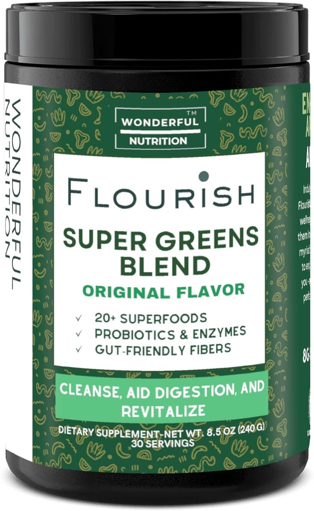 Fruits verts. Mélange de poudre de vert pour l'énergie, avec spiruline biologique Chlorella, poudre de racine de betterave, enzymes et probiotiques, original, 30 portions