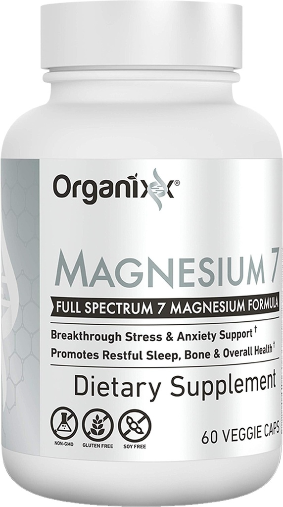 Organixx Magnesium Glycinate Supplemento per il sonno di sostegno, la salute del muscolo e del cuore, 7 Tipo Magnesio Complesso con vitamina B6, Citrato manganese, senza glutine, Vegan, non OGM, ad alto assorbimento, 60 capsule