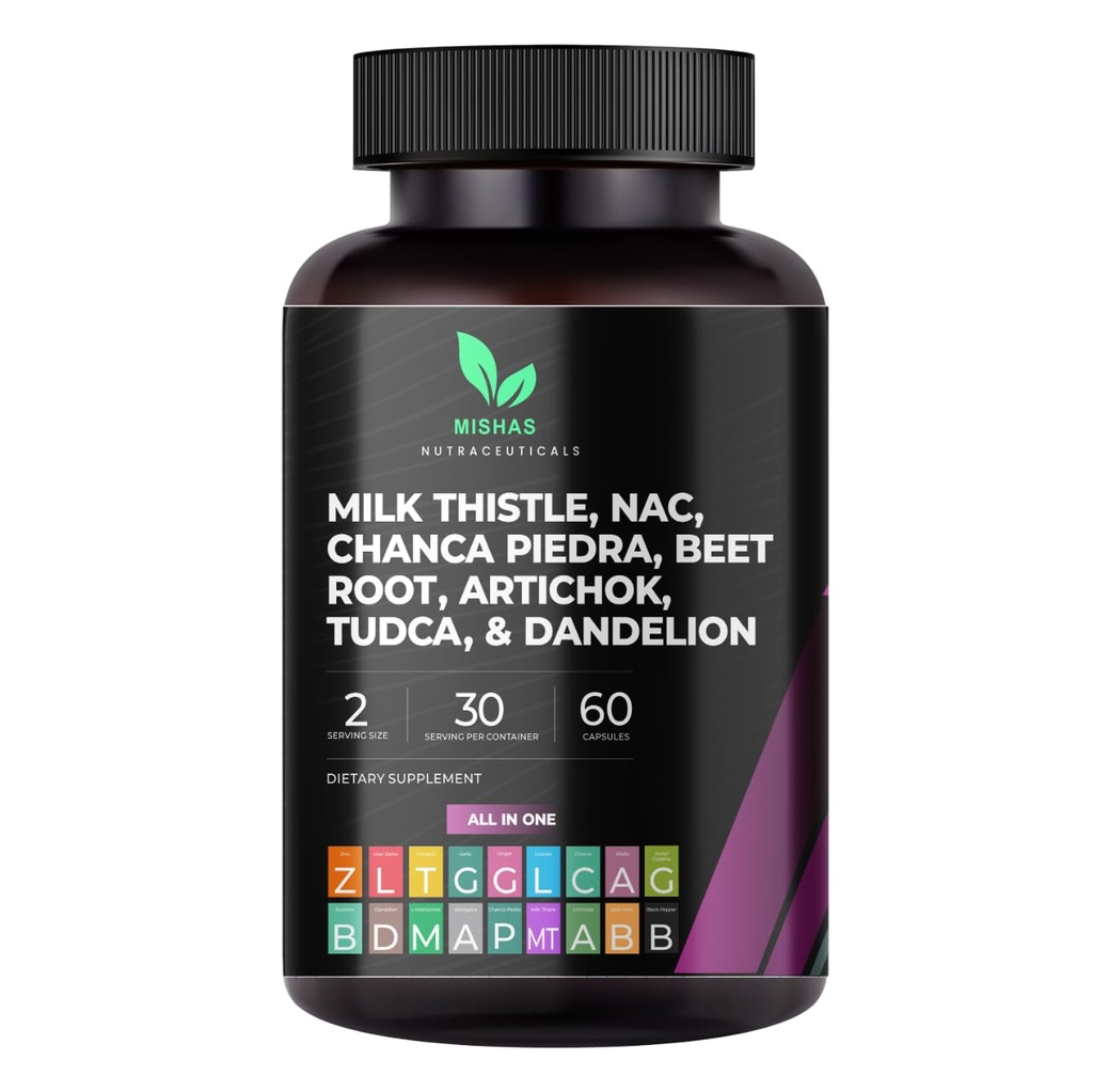 Mishas Nutraceuticals Milk Thistle Dandelion Root, NAC und TUDCA Supplement - Unterstützt Lebergesundheit, Leberreinigung Detox, Nieren- und Atemwegsgesundheit & Verdauungssystem - 60 Vegane Kapseln