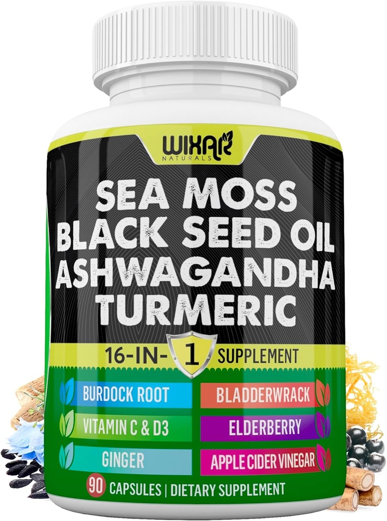 Wixar Sea Moss 3000mg Schwarz Seed Oil 2000mg Ashwagandha 1000mg Turmeric 1000mg Bladderwrack 1000mg Burdock 1000mg & Vitamin C & D3 mit Elderberry Dandelion Gelb Dock Chlorophyll ACV - 90 Kapseln