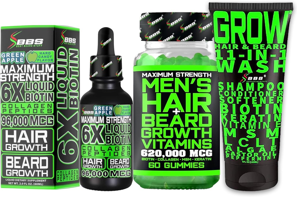 Bart Growth Kit w/Grow 11-in-1 Haarwachstum Shampoo für Männer & Conditioner w/Biotin + Bart Wachstum Vitamine & Haarwachstum Vitamine für Männer + 6X Liquid Biotin mit Kollagen - Formuliert in Amerika