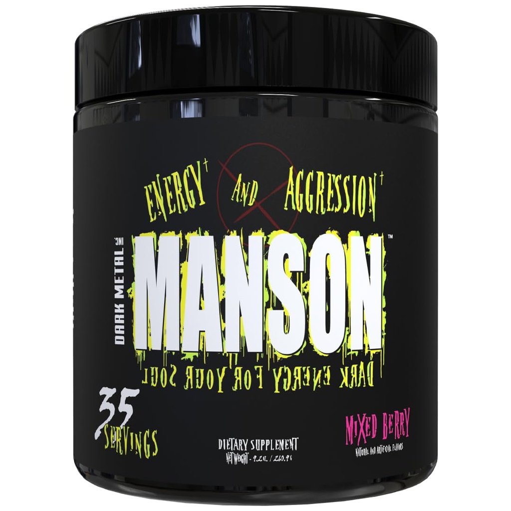 DARK METAL Inc Manson High Stim Pre Workout Powder, Energy Focus Strength, Caricato con Beta Alanine L Carnitina Caffeina Infinergy, 35 Srvgs, Bacche miste