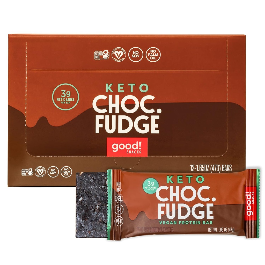 good! Snacks Chocolate Fudge Keto Protein Bar, Vegan, Soy & Gluten Free, Low Sugar Meal Replacement, 11g High Protein, Natural Healthy Snack, For Athletes & Active Lifestyles, 3g Net Carbs, 12 Bars