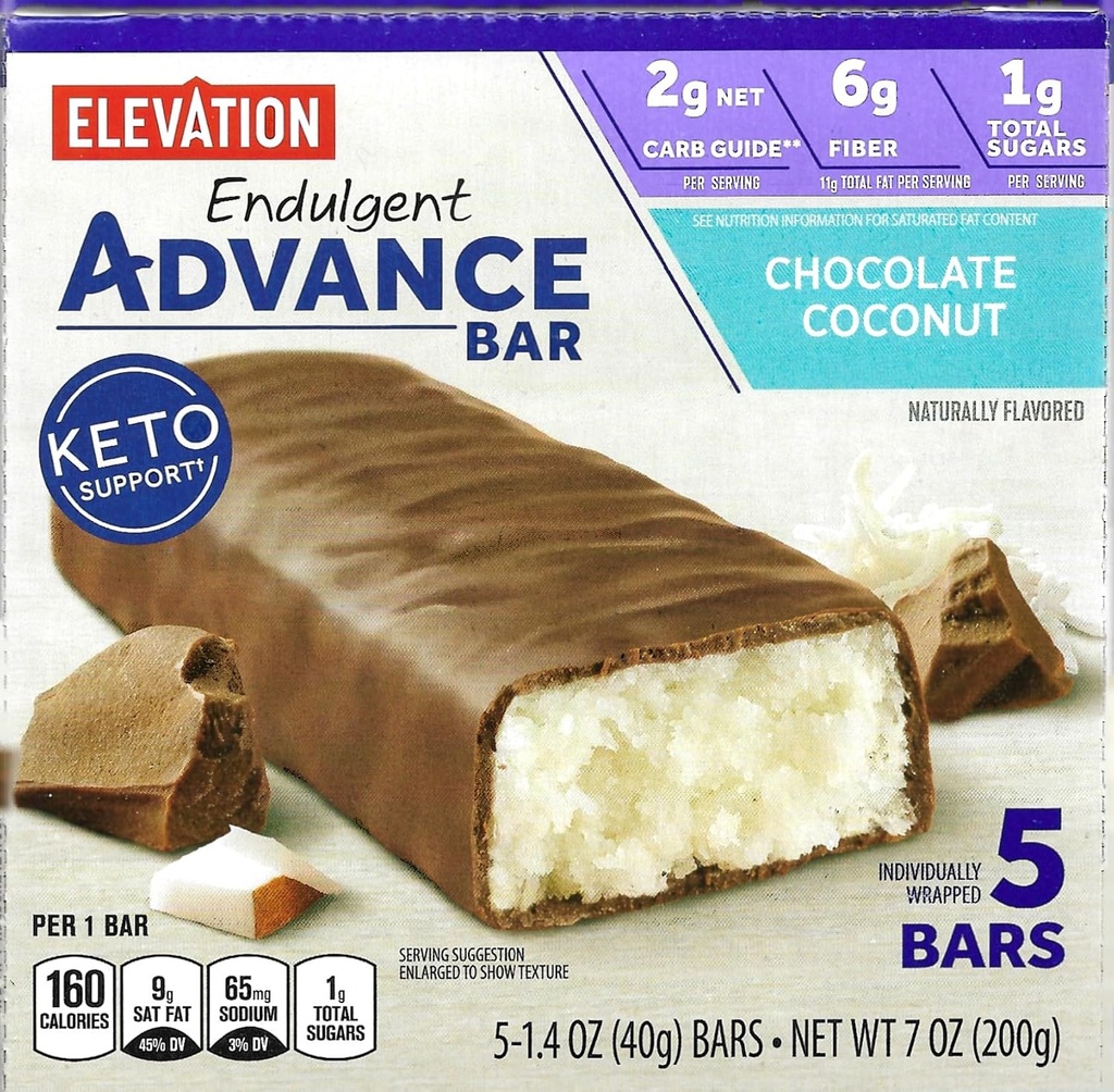 Millville Élévation Advance Chocolate Coconut Bars, Carb Conscient, 5g de protéines, avec des recettes. Une boîte de 5, 1,4oz Barres emballées individuellement. Bundle comprend 2 recettes, 5 bars.