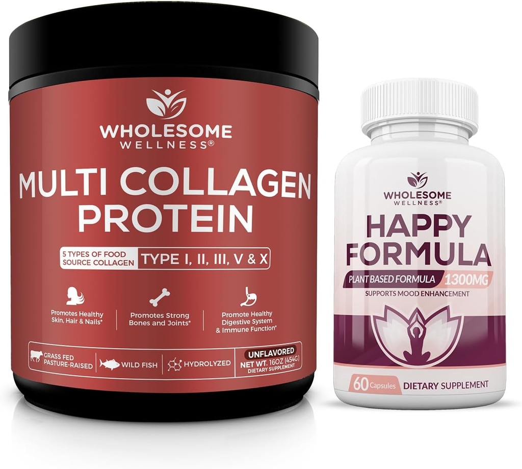 Intero benessere Multi Collagen Protein Polvere idrolizzata (Tipo I II III V X) Happy Formula Natural Stress Formula Supplemento Bundle