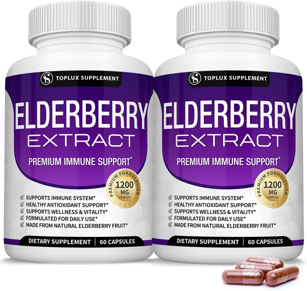 Capsule di sambuco organici con estratto di sambuco - Pure Elderberry Fruit per il supporto immunitario, Salute della pelle e potente antiossidante, Boost Immunity for Men & Women, 60 capsule di verdure, Non-GMO & No Sugar
