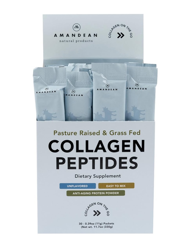 AMANDEAN Collagen Peptides Powder Packets | 30 singoli Stick Packs | Grass-Fed Hydrolyzed Collagen Protein | Unflavored, Facile da miscelare | Travel Friendly | Promuove la pelle, i capelli, le unghie.